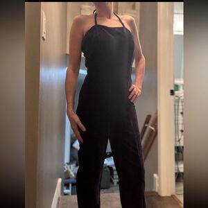 White Birch velvet in olive green halter split hem details jumpsuit